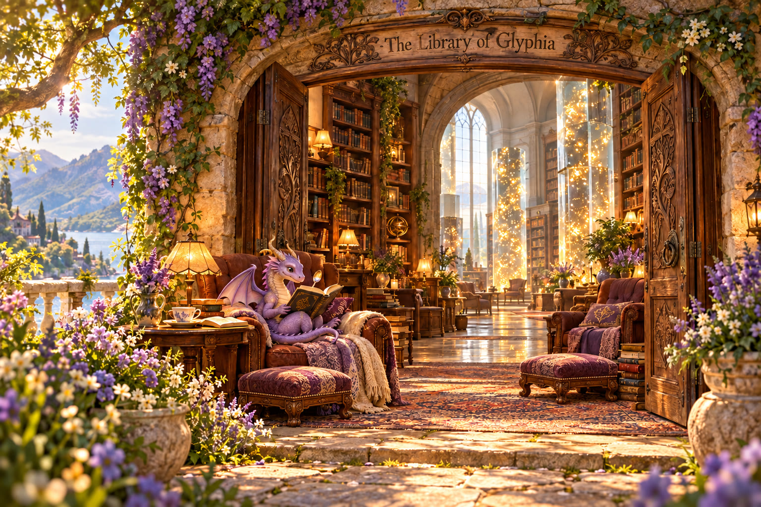 An open flowering stone archway leads into a warm library, with upholstered footstools, a violet dragon reading in a comfortable chair, and golden columns of light beyond.