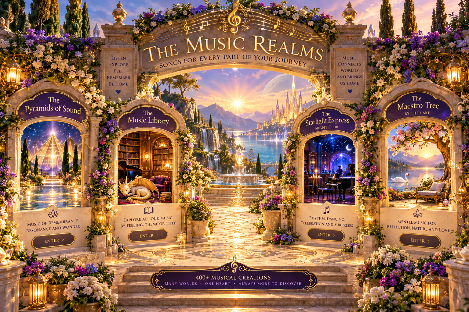 The Music Realms: four flower-framed doorways to the Pyramids of Sound, Music Library, Starlight Express Night Club, and Maestro Tree by the Lake.