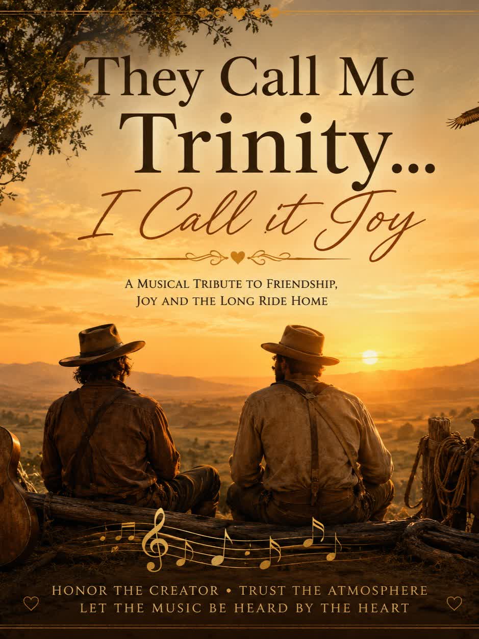 They Call Me Trinity… I Call it Joy — two cowboys watching a golden sunset