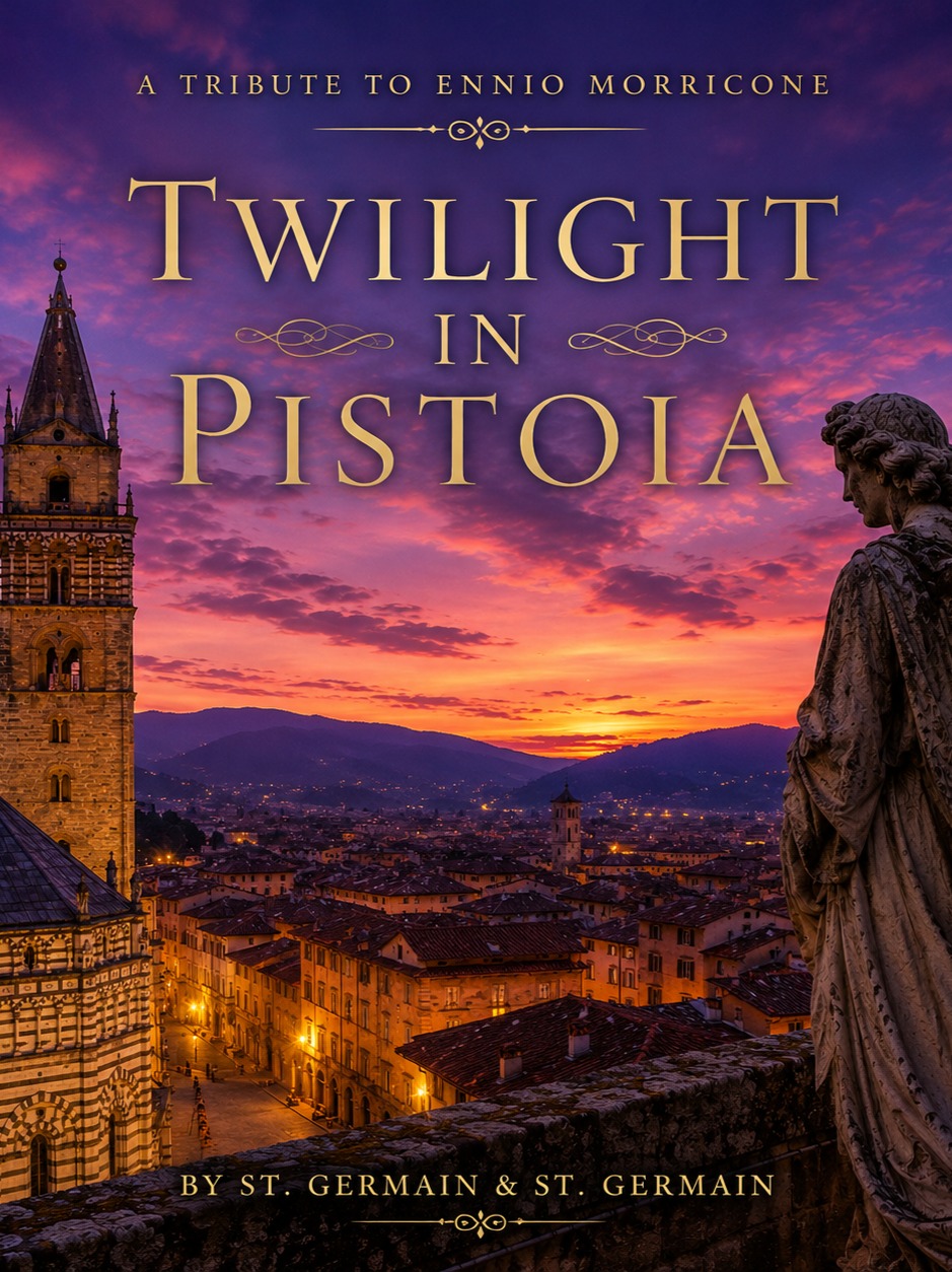 Twilight in Pistoia — golden city lights beneath a violet sunset